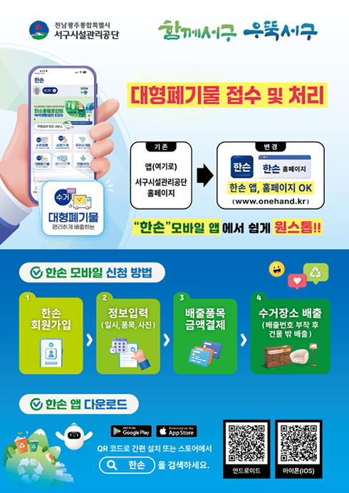 광주광역시 서구시설관리공단 함께서구 우뚝서구.2025년 2월부터 대형폐기물 접수 및 처리 편리해집니다.기존 : 앱(여기로)/서구시설관리공단 홈페이지 → 변경 : 한손 앱, 한손 홈페이지 OK (www.onehand.kr)'한손' 모바일 앱 에서 쉽게 원스톱!!○ 한손 모바일 신청 방법1. 한손 회원가입2. 정보입력(일시, 품목, 사진)3. 배출품목 금액결제4. 수거장소 배출 (배출번호 부착 후 건물 밖 배출)○ 한손 앱 다운로드- QR코드로 간편 설치 또는 스토어에서 한손을 검색하세요.안드로이드 QR코드 이미지(구글플레이 한손 앱)아이폰(IOS) QR코드 이미지(앱스토어 한손 앱)