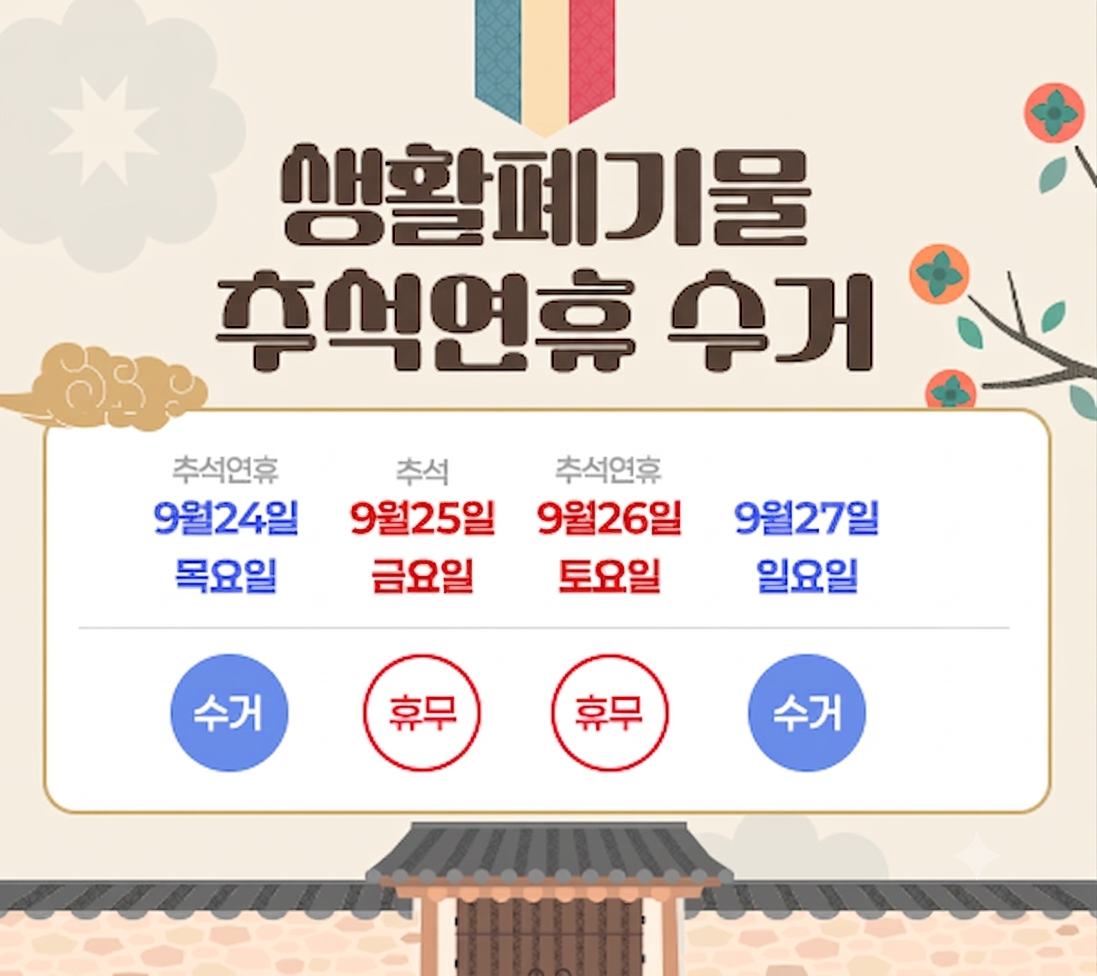 생활환경팀 추석연휴 수거9월24일   9월25일    9월26일     9월27일   (목요일)   (금요일)    (토요일)      (일요일)     수거          휴무         휴무          수거